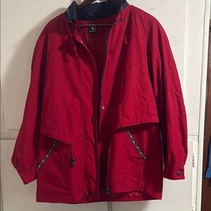 Vintage Red Hooded Jacket with Navy Accents